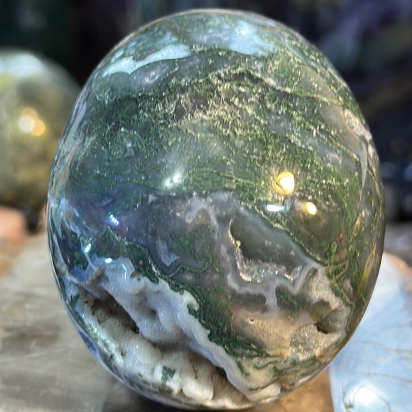 Moss Agate Crystal Skull Carving With Druzy! - Picture 6 of 9